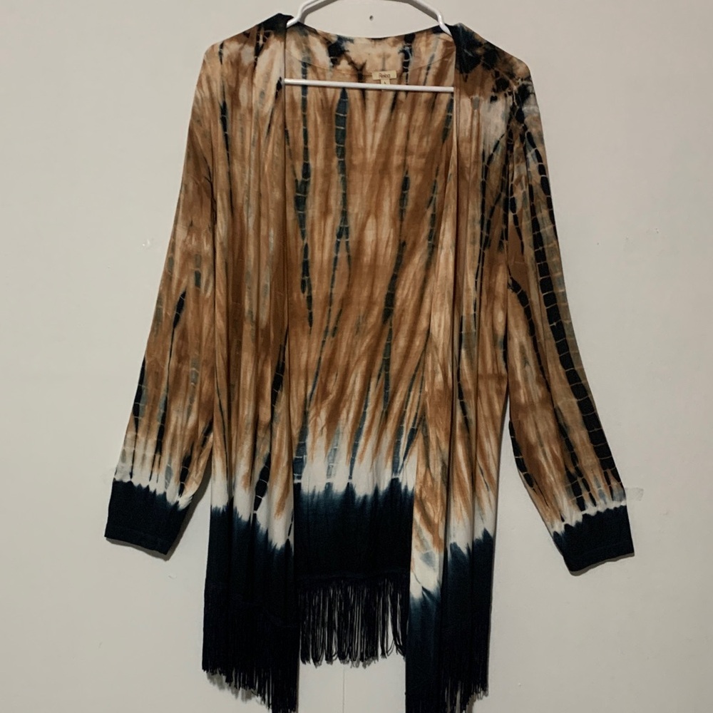 Reba Beige and Black Batik Patterned Fringed Cardigan